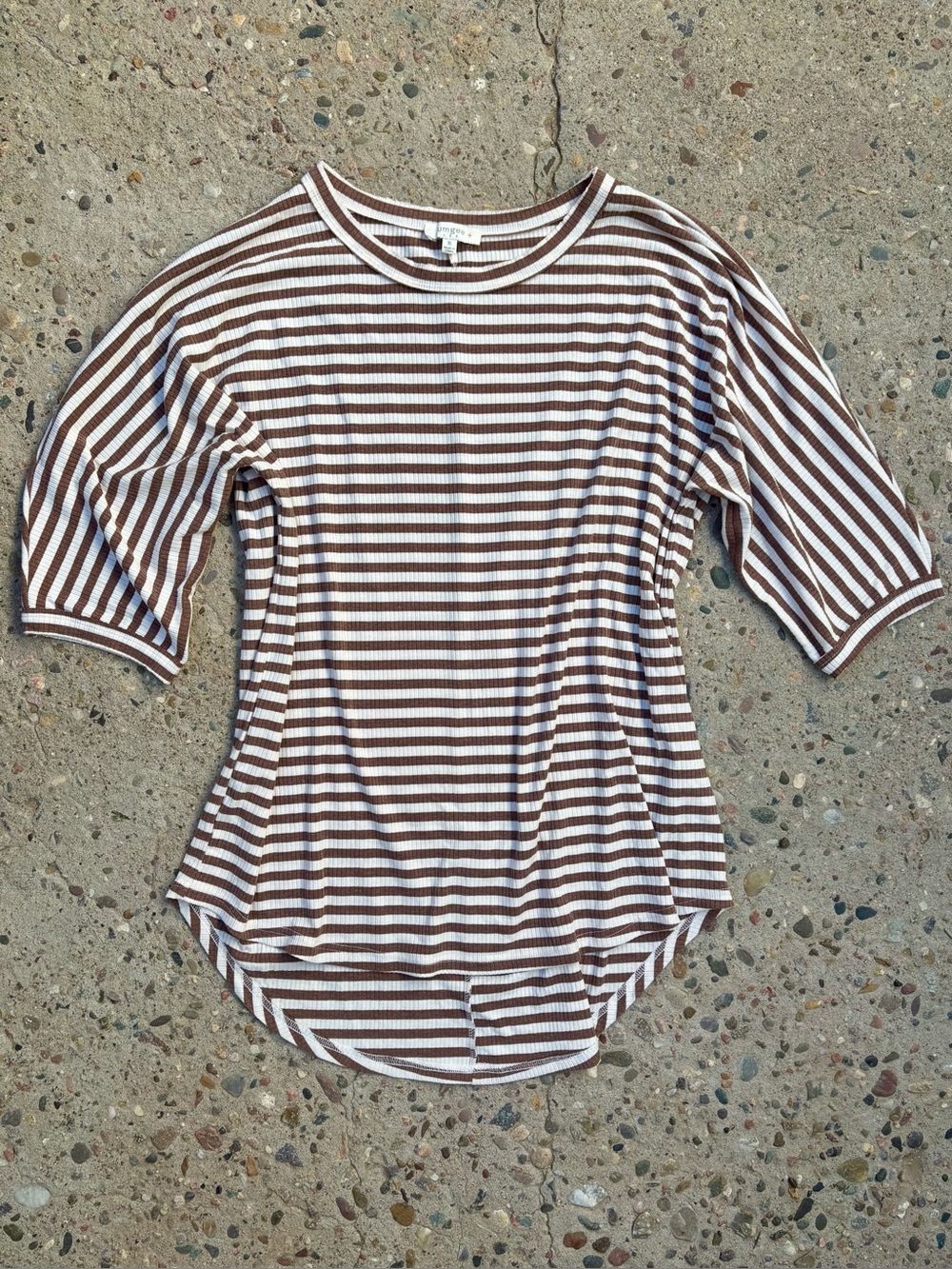 Umgee USA XL Brown & White Striped Tunic Top 3/4 Sleeve High-Low Rounded Hem